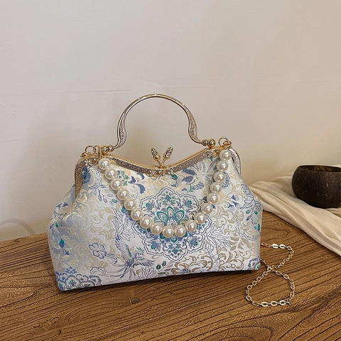Vintage Abendtasche Jacquard Stickerei Künstliche Perlengriff Abnehmbare Kette Qipao Accessoire Chinesischer Stil Damen Clutch Handtasche