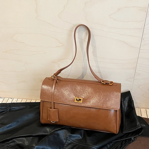 Borsa A Tracolla Da Donna In Pelle PU Grande Capacità Retrò Borsa A Mano Ufficio Lavoro Finitura Lucida Chiusura In Metallo