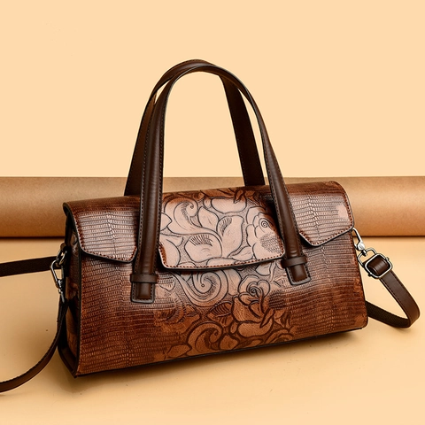 Damen Retro Handtasche Mit Blumenprägung Krokodil Textur PU Leder Schulter Umhängetasche Große Kapazität Mode Tote