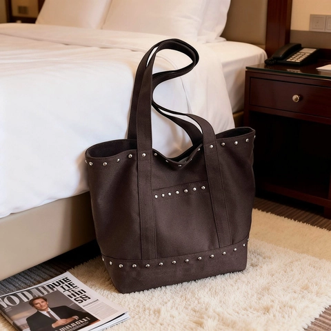 Canvas-Tragetasche Mit Metallnieten Vintage Minimalist Schulterhandtasche Für Frauen