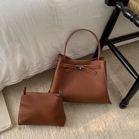 Bolso De Mano Retro Para Mujer De Cuero PU Con Texture Lichi Cierre Y Costuras En Contraste Bolso De Hombro Cruzado Minimalista