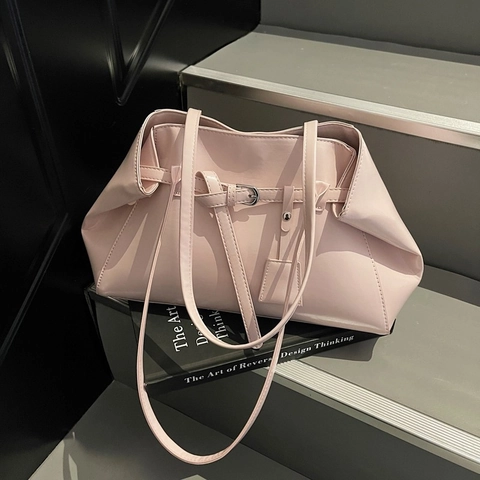 Minimalistische PU Leder Tote Bag Große Kapazität Pendeln Schulter Handtasche Mit Gürtelschnalle Dekor Retro Koreanischen Stil
