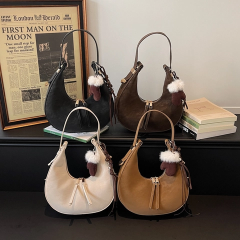Sac Hobo Croissant Pour Femmes Suède Synthétique Mat Double Fermeture Éclair Sac À Main Épaule Sous L'Aisselle Avec Charme De Moufle
