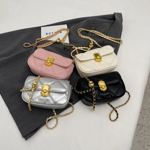 Gewatteerde Crossbodytas PU Leer Ruitpatroon Schoudertas Gouden Ketting Verstelbare Bal Elegante Kleine Vierkante Tas