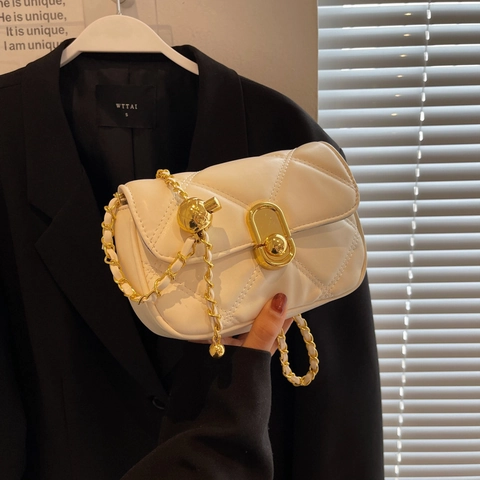 Gewatteerde Crossbodytas PU Leer Ruitpatroon Schoudertas Gouden Ketting Verstelbare Bal Elegante Kleine Vierkante Tas