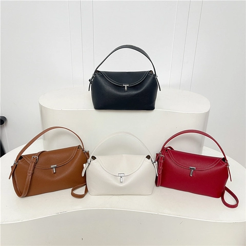 Women Lychee Grain PU Leather Handbag Contrast Stitching T-Shaped Lock Minimalist Commuter Crossbody Shoulder Bag
