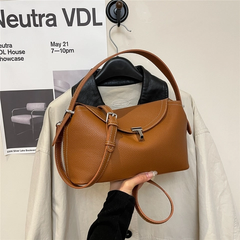 Women Lychee Grain PU Leather Handbag Contrast Stitching T-Shaped Lock Minimalist Commuter Crossbody Shoulder Bag
