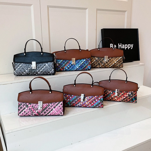 Borsa A Mano Intrecciata Da Donna Borsa A Tracolla In Pelle PU Manico Superiore Stile Retrò Borsa A Spalla Quadrata Con Serratura In Metallo
