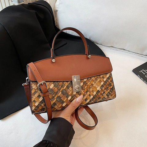 Borsa A Mano Intrecciata Da Donna Borsa A Tracolla In Pelle PU Manico Superiore Stile Retrò Borsa A Spalla Quadrata Con Serratura In Metallo