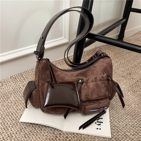 Sac Bandoulière Vintage Femmes Daim PU Cuir Patchwork Multi Poches Style Moto Techwear