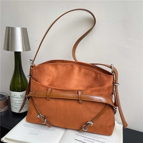 Retro Suede PU Leder Große Kapazität Tote Bag Minimalistische Achsel Schultertasche Vintage Koreanischer Stil Handtasche Für Damen