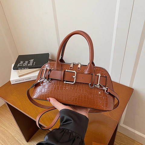 Women PU Leather Crocodile Pattern Handbag Crossbody Shoulder Bag Shell Boston Style Belt Buckle Decor Retro Fashion