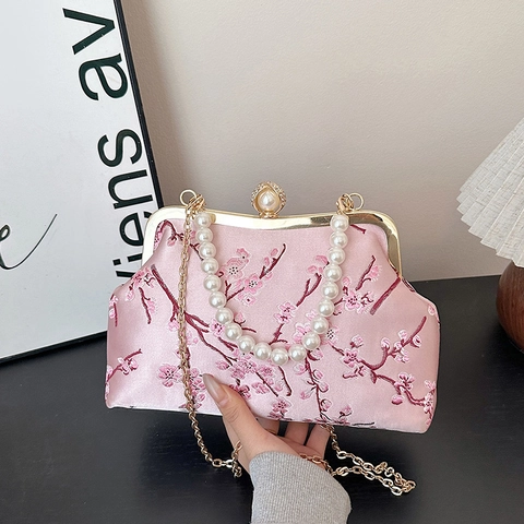 Abendtasche Aus Satin Mit Blumenstickerei Künstliche Perlengriff Und Goldener Kette Damen Party Bankett Hochzeit Vintage Stil