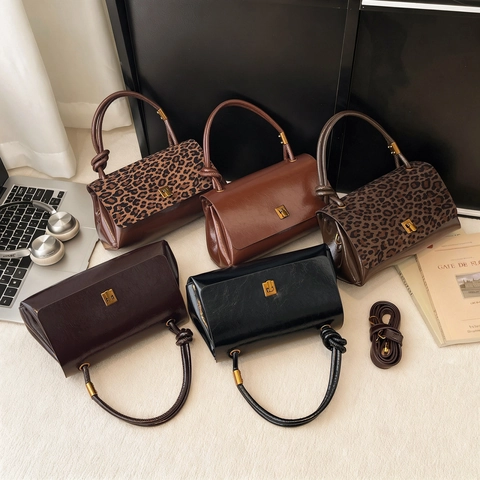 Women PU Leather Crossbody Bag Flap Metal Lock Knot Handle Handbag Leopard Print Solid Color Fashion Versatile