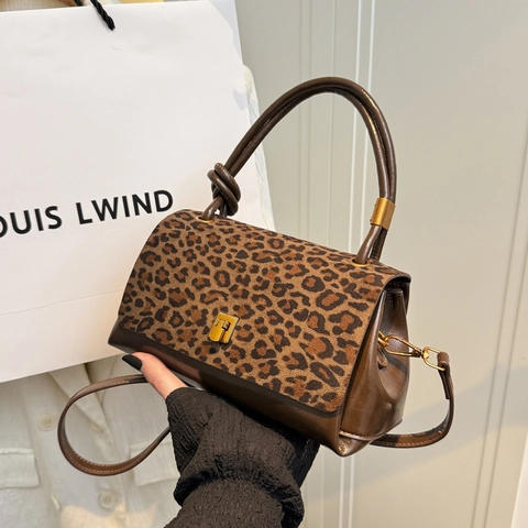 Women PU Leather Crossbody Bag Flap Metal Lock Knot Handle Handbag Leopard Print Solid Color Fashion Versatile