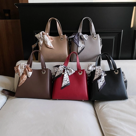 Women Elegant Handbag Litchi Texture PU Leather Shoulder Bag Satin Scarf Decor Versatile Large Capacity Daily Tote