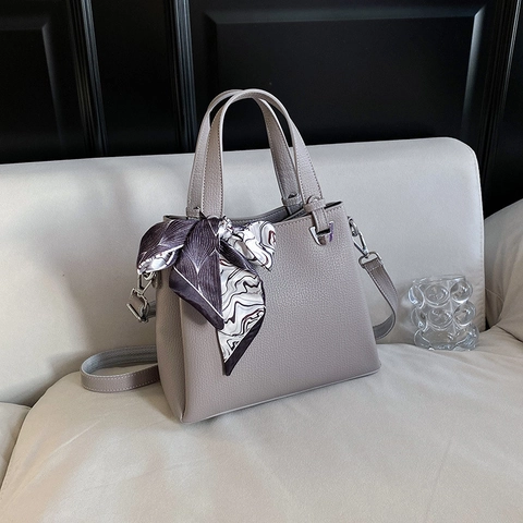 Women Elegant Handbag Litchi Texture PU Leather Shoulder Bag Satin Scarf Decor Versatile Large Capacity Daily Tote