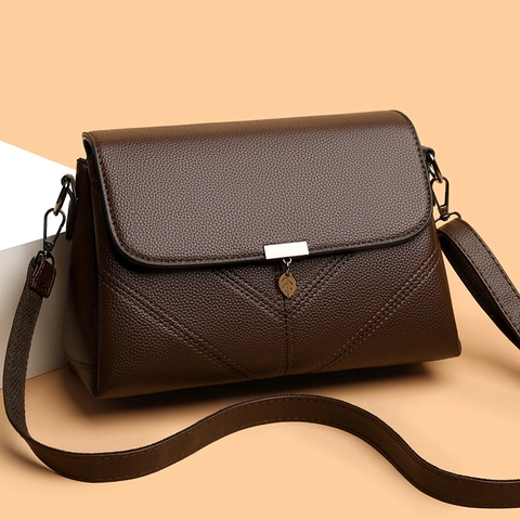 Women Crossbody Bag PU Leather Litchi Texture Leaf Pendant V-Stitch Square Flap Shoulder Purse Elegant Minimalist Daily