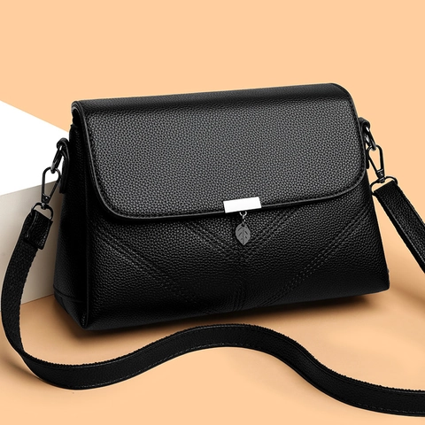 Women Crossbody Bag PU Leather Litchi Texture Leaf Pendant V-Stitch Square Flap Shoulder Purse Elegant Minimalist Daily