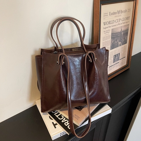Grande Borsa Tote In Pelle PU Lucida Retro Da Donna Borsa A Spalla Minimalista Con Doppi Manici E Tracolla Lunga