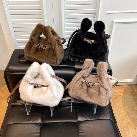 Women Faux Fur Crossbody Bag Plush Handbag With Metal Lock Adjustable Strap Solid Color Winter Chic Shoulder Bag