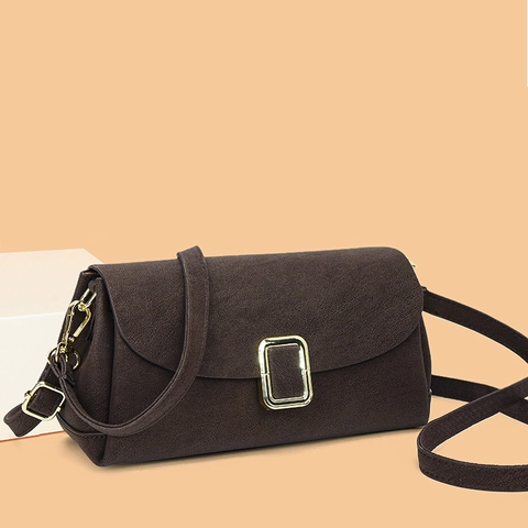 Women Crossbody Bag PU Leather Faux Suede Texture Gold Buckle Adjustable Strap Solid Color Vintage Shoulder Bag