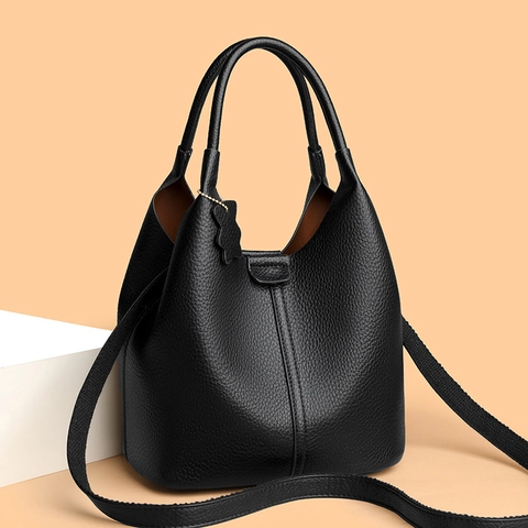 Bucket Bag Für Damen PU-Leder Mit Litschi-Muster Große Kapazität Handtasche Mit Bärenanhänger Eleganter Französischer Stil