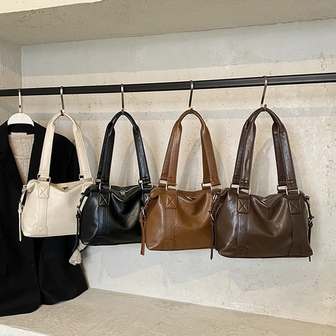 Bolso De Hombro Vintage De Cuero PU Para Mujer Gran Capacidad Bolso Boston Retro Casual De Color Sólido Bolso Bandolera