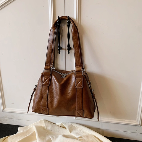 Bolso De Hombro Vintage De Cuero PU Para Mujer Gran Capacidad Bolso Boston Retro Casual De Color Sólido Bolso Bandolera