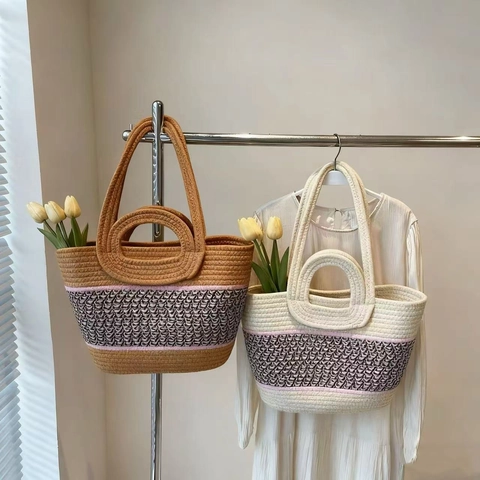 Damen Gewebte Stroh-Tragetasche Große Kapazität Kontrastfarbene Handtasche Strandurlaub Böhmische Schultertasche
