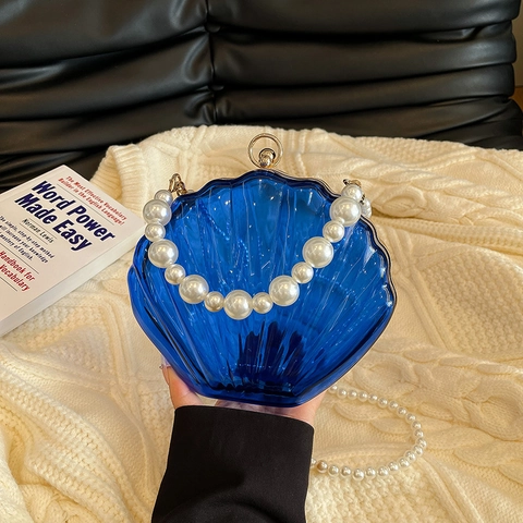 Shell Shaped Acrylic Evening Bag With Artificial Pearl Handle And Chain Strap Women Party Clutch Handbag