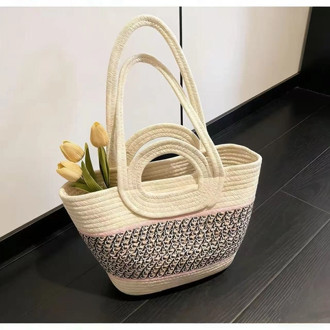 Damen Gewebte Stroh-Tragetasche Große Kapazität Kontrastfarbene Handtasche Strandurlaub Böhmische Schultertasche