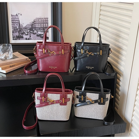 Borsa A Secchiello Retrò In Pelle PU E Tela Patchwork Borsa A Tracolla Con Hardware Dorato Per Donna Stile Elegante Vintage