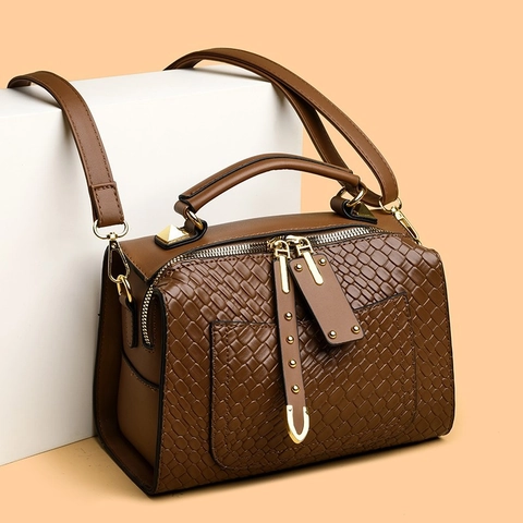 Damen Vintage Gewebte PU Leder Boston Tasche Kleine Quadratische Handtasche Mit Breitem Gemustertem Riemen