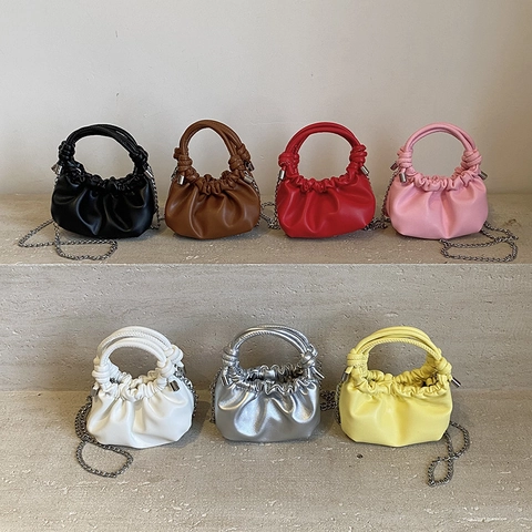 Women Mini Ruched Cloud Handbag Fashion PU Leather Pleated Shoulder Bag Silver Metal Chain Strap Solid Color Clutch Purse