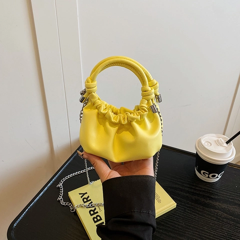 Women Mini Ruched Cloud Handbag Fashion PU Leather Pleated Shoulder Bag Silver Metal Chain Strap Solid Color Clutch Purse