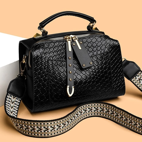 Damen Vintage Gewebte PU Leder Boston Tasche Kleine Quadratische Handtasche Mit Breitem Gemustertem Riemen
