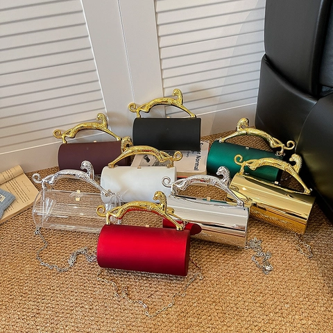 Borsa Da Sera Cilindrica Acrilico Lega Specchio Raso Manico Pantera Pochette Con Catena Lusso Moda Donna Festa