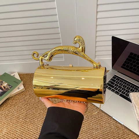 Borsa Da Sera Cilindrica Acrilico Lega Specchio Raso Manico Pantera Pochette Con Catena Lusso Moda Donna Festa