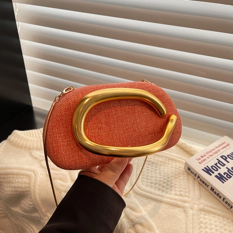 Woven Texture Evening Bag Gold C-Shaped Metal Handle Clutch Fashion Party Shoulder Crossbody Handbag