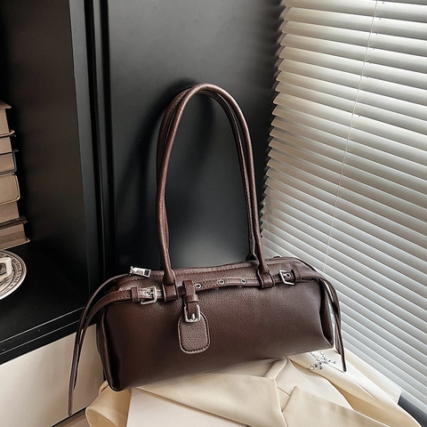 Borsa Sottobraccio Donna Retro Pelle PU Grana Litchi Fibbia Argento Occhielli Stile Punk Borsa A Spalla Versatile