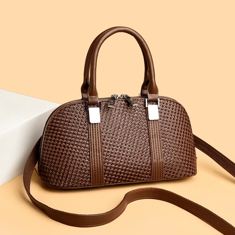 Vintage Gewebte PU-Leder Boston Handtasche Mit Verstellbarem Riemen Einfache Lässige Umhängetasche Für Frauen Alltag