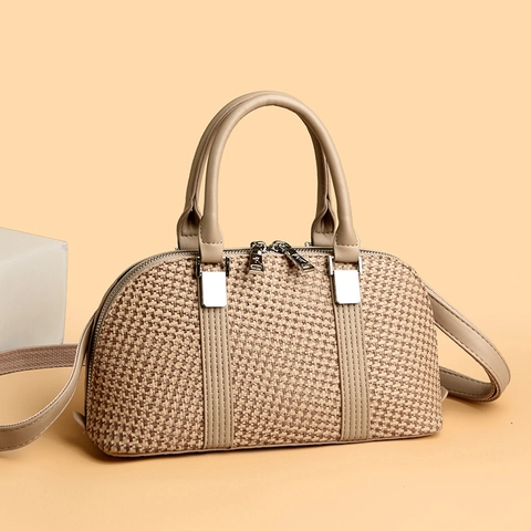 Vintage Gewebte PU-Leder Boston Handtasche Mit Verstellbarem Riemen Einfache Lässige Umhängetasche Für Frauen Alltag