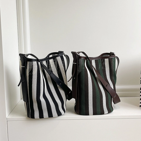 Stripe Mesh Woven Bucket Bag And PU Leather Internal Pouch Large Capacity Contrast Color Shoulder Bag For Women