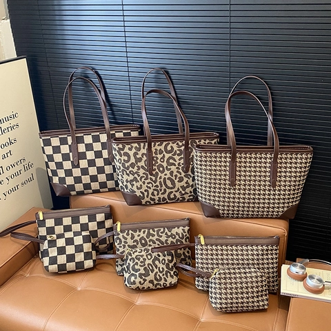 Dames Luipaardprint Tote Bag Set Canvas PU Lederen Trim Geblokt Hahnentritt Schoudertas Pouch En Cosmetische Tas Handtas