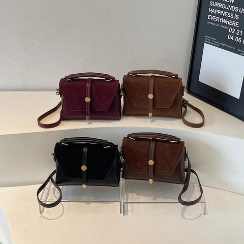 Borsa A Tracolla Scamosciata Pelle PU Giunzione Retro Quadrata Borsa A Mano Borsa A Spalla Per Donna Design Vintage