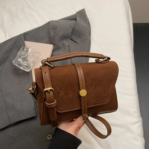 Borsa A Tracolla Scamosciata Pelle PU Giunzione Retro Quadrata Borsa A Mano Borsa A Spalla Per Donna Design Vintage