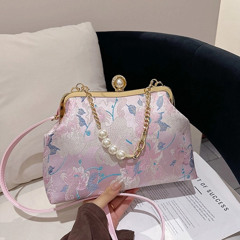 Borsa Da Sera Ricamata In Stile Cinese Retrò Raso Broccato Perla Artificial Chiusura Borsa A Mano Tracolla Per Donna Festa Matrimonio