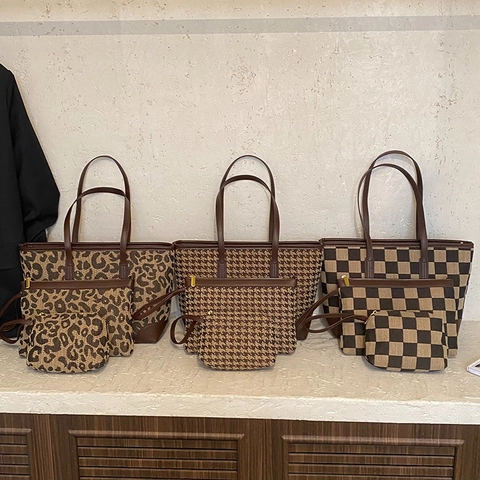 Leopard Hahnentritt Karo Tote Bag Beutel PU Leder Stoff Retro Mode Vielseitige Handtasche Für Den Alltag