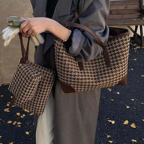 Leopard Hahnentritt Karo Tote Bag Beutel PU Leder Stoff Retro Mode Vielseitige Handtasche Für Den Alltag